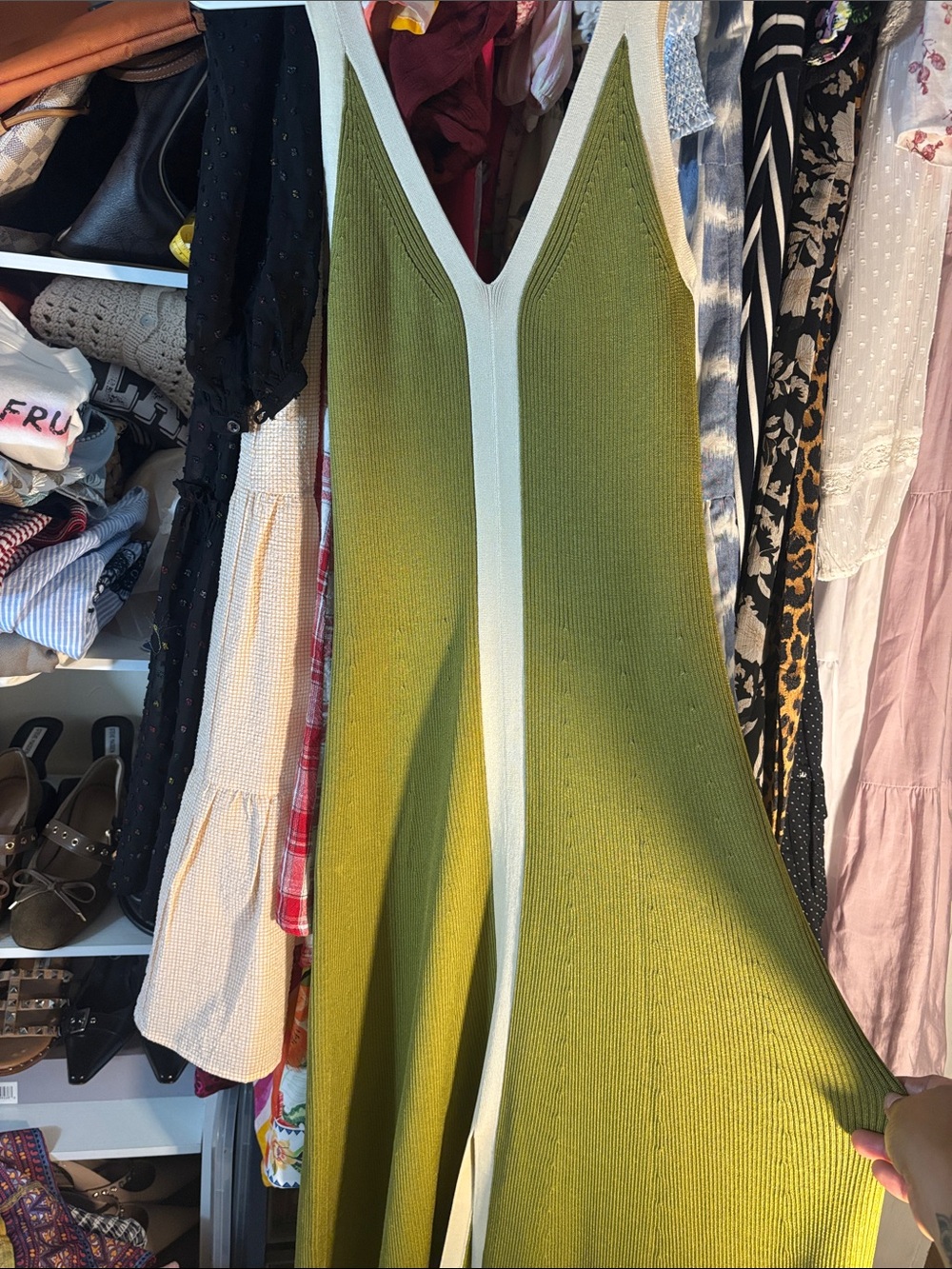 Sandro Olive Green and Cream Ribbed V-Neck Knit Dress